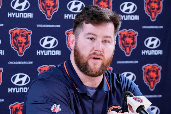 FILE - FILE - Chicago Bears offensive guard Joe Thuney talks to media during an NFl football news conference at Halas Hall in Lake Forest, Ill., Wednesday, March 12, 2025. (AP Photo/Nam Y. Huh, File)