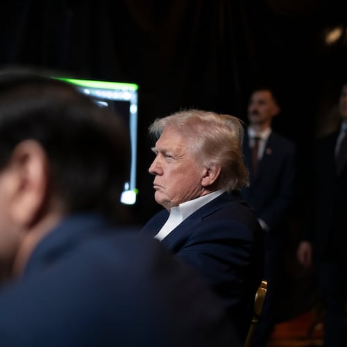 In this photo released by the White House, President Donald Trump monitors U.S. military operations in Venezuela, with Secretary of State Marco Rubio at Mar-a-Lago in Palm Beach, Fla., Saturday, Jan. 3, 2026. (Molly Riley/The White House via AP)