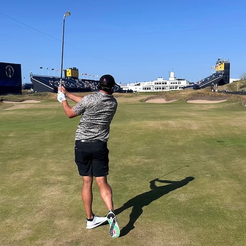 Peter Uihlein watches his 2-iron to the 18th green at Royal Birkdale on Sunday, July 12, 2026 in Southport, England, as he prepares for the British Open (AP Photo/Doug Ferguson)