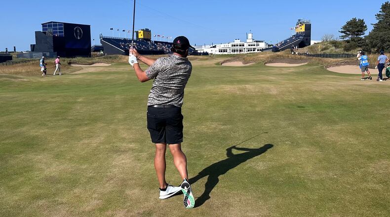 Peter Uihlein watches his 2-iron to the 18th green at Royal Birkdale on Sunday, July 12, 2026 in Southport, England, as he prepares for the British Open (AP Photo/Doug Ferguson)