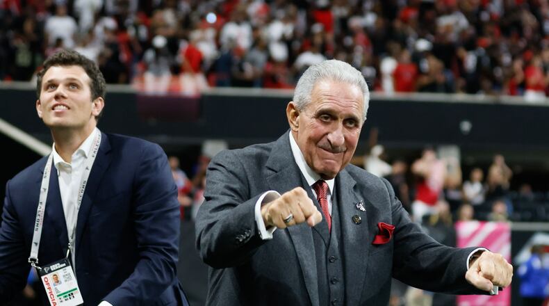 Falcons Owner Arthur Blanck reacts after the Falcons defeated the New Orleans Saints 26-24  on Sunday, Sept. 29, at Mercedes-Benz Stadium in Atlanta. 
(Miguel Martinez/ AJC)