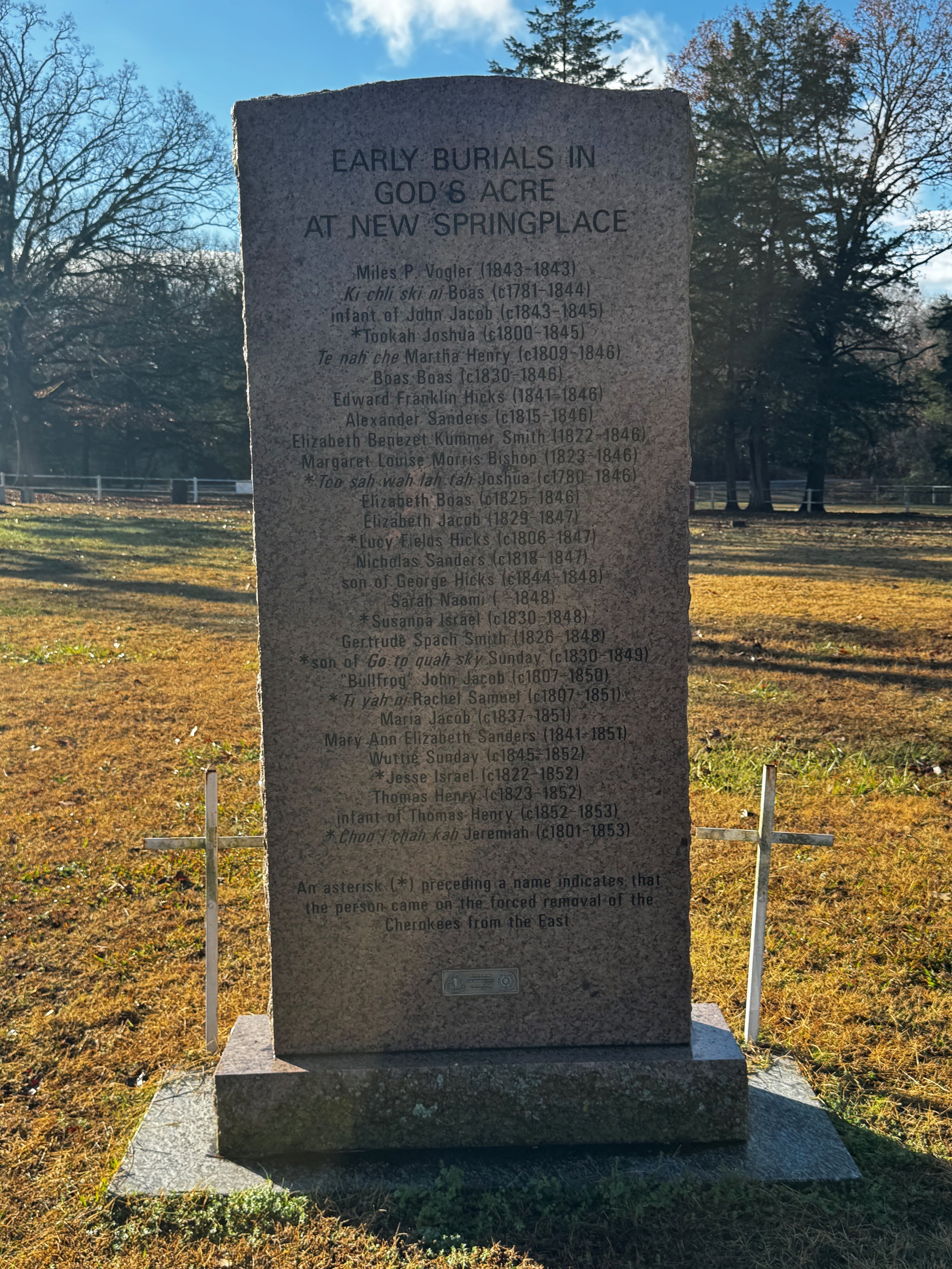 A stone monument in present-day Oaks, Okla., tells the story of a second God’s Acre. Among the many people buried there, according to the monument, are some who traveled west during the forced removal of the Cherokee people. (Courtesy of Oaks Indian Mission)