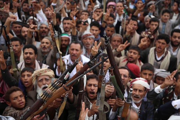 Houthi supporters shout slogans during an anti-U.S. and anti-Israel weekly rally in Sanaa, Yemen, Friday, July 4, 2025. (AP Photo/Osamah Abdulrahman)