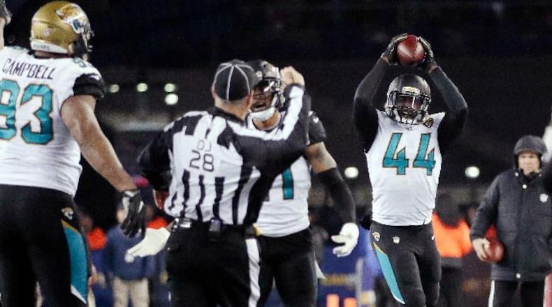 Jacksonville Jaguars linebacker Myles Jack (44) reacts during the second half of the AFC championship NFL football game against the New England Patriots, Sunday, Jan. 21, 2018, in Foxborough, Mass. (AP Photo/David J. Phillip)