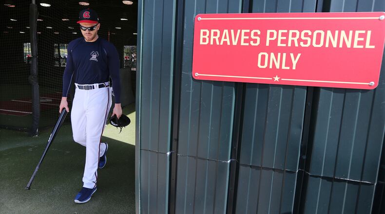 Braves first baseman Freddie Freeman leaves the batting cages after arriving for the first workout of spring training Saturday, Feb. 16, 2019, at the ESPN Wide World of Sports Complex in Lake Buena Vista, Fla.