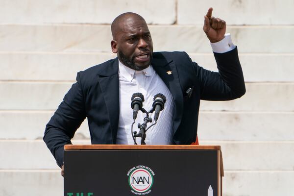 FILE - Jamal Bryant, senior pastor of New Birth Missionary Baptist Church, speaks during the March on Washington, Aug. 28, 2020, at the Lincoln Memorial in Washington. (AP Photo/Jacquelyn Martin, Pool, File)