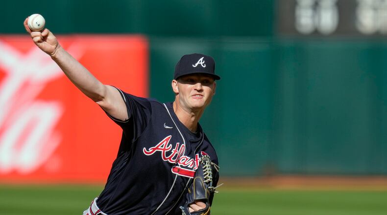 Braves pitcher Michael Soroka throws against the Oakland Athletics during the first inning of a baseball game in Oakland, Calif., Monday, May 29, 2023. (AP Photo/Godofredo A. Vásquez)