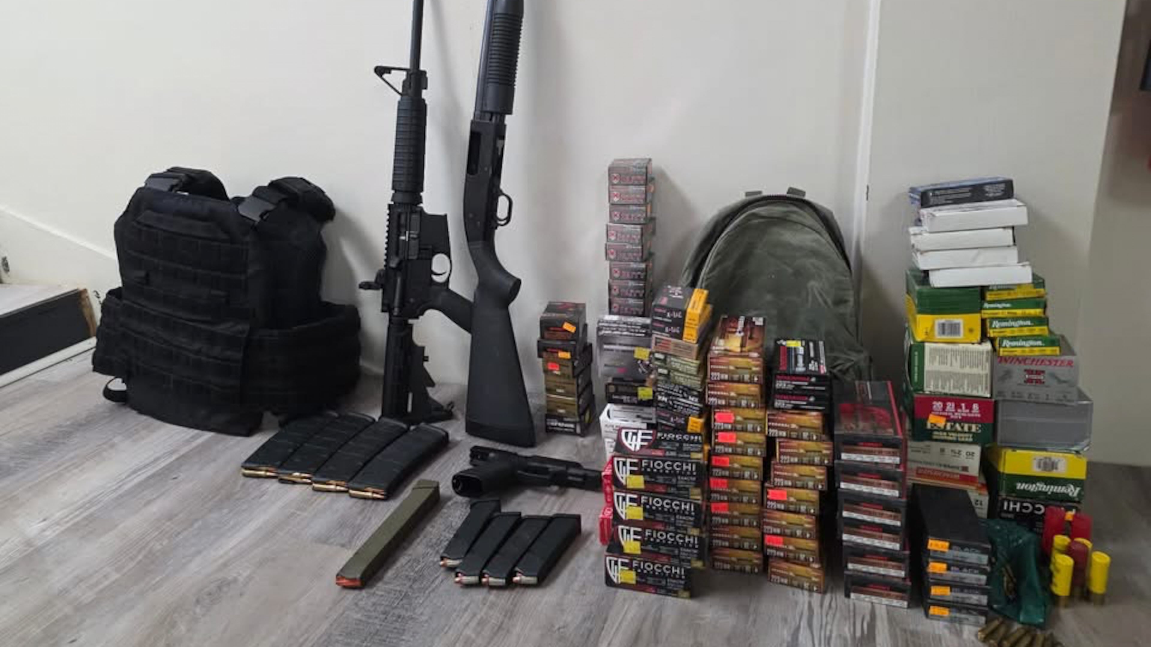 This undated photo provided by Clarke County Sheriff’s Department Oct. 29, 2025, shows weapons and ammunition removed from the home of an Alabama man following a search warrant. (Clarke County Sheriff’s Department via AP)