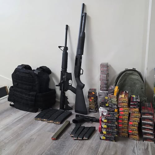 This undated photo provided by Clarke County Sheriff’s Department Oct. 29, 2025, shows weapons and ammunition removed from the home of an Alabama man following a search warrant. (Clarke County Sheriff’s Department via AP)