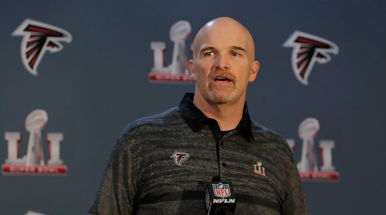 Falcons head coach Dan Quinn addresses the media during the Super Bowl LI press conference on February 2 in Houston, Texas.