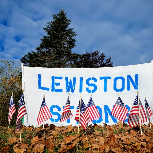 FILE - A make-shift memorial lines Main Street following a deadly mass shooting in Maine, Nov. 3, 2023, in Lewiston, Maine. (AP Photo/Matt York, File)
