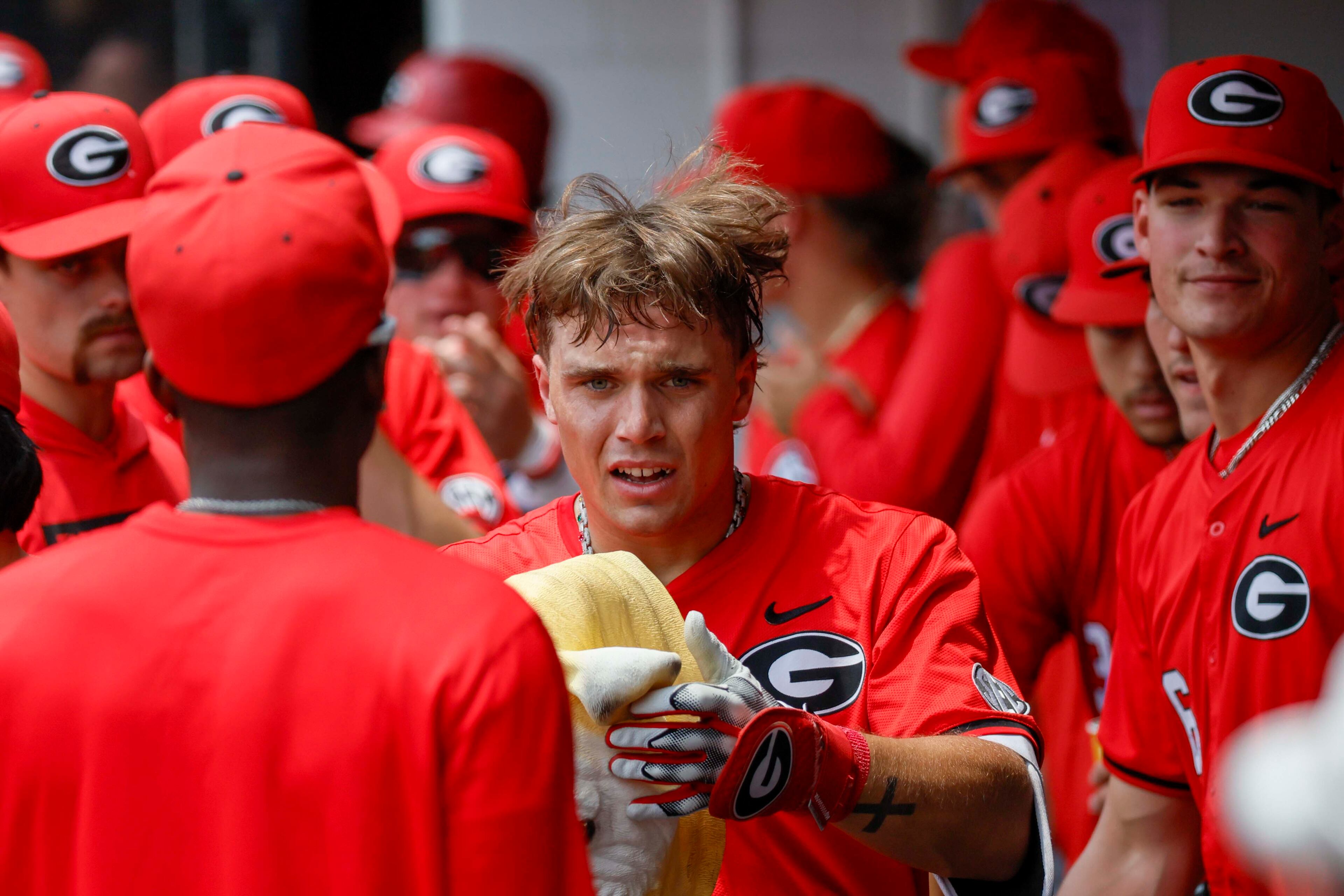 Georgia infielder Slate Alford (44) is congratulated by teammates after his two-run home run during the second inning against Oklahoma State in their NCAA Regional game at Foley Field,  Sunday, June 1, 2025, in Athens, Ga.
(Miguel Martinez/ AJC)