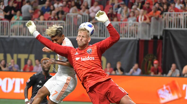 July 21, 2018 - Atlanta United forward Josef Martinez (7) makes a shot on goal past D.C. United goalkeeper David Ousted (1) during the first half in a MLS soccer game at Mercedes-Benz Stadium on Saturday, July 21, 2018. HYOSUB SHIN / HSHIN@AJC.COM