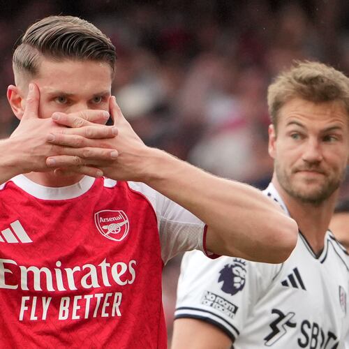 Arsenal's Viktor Gyoekeres celebrates after scoring his side's opening goal during the English Premier League soccer match between Arsenal and Fulham in London, England, Saturday, May 2, 2026. (AP Photo/Kin Cheung)