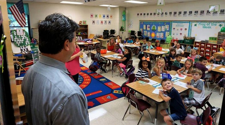 Liberty Elementary School Principal Doug Knott stops by to say hello to teacher Amy Manzella’s kindergarten class on the first day of the 2017-18 school year. CHEROKEE COUNTY SCHOOLS