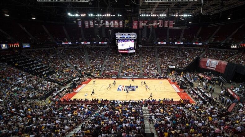 The Golden State Warriors play the Cleveland Cavaliers at the Thomas & Mack Center in Las Vegas, July 11, 2017. Warren LeGarie and Albert Hall have turned the Las Vegas summer league into a booming business. NBA teams are testing their rookies, and scouting players for the end of the bench. (Brandon Magnus/The New York Times)
