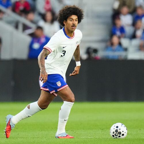 FILE - United States defender Chris Richards controls the ball during a friendly soccer match against Japan, Tuesday, Sept. 9, 2025, in Columbus, Ohio. (AP Photo/Jeff Dean, File)