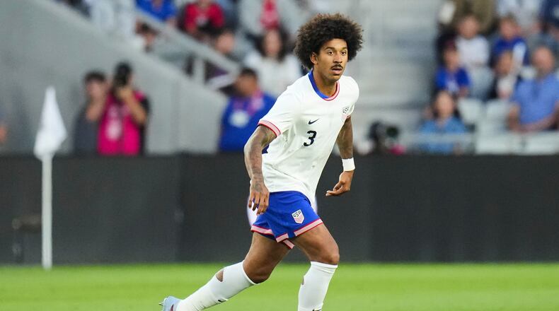 FILE - United States defender Chris Richards controls the ball during a friendly soccer match against Japan, Tuesday, Sept. 9, 2025, in Columbus, Ohio. (AP Photo/Jeff Dean, File)