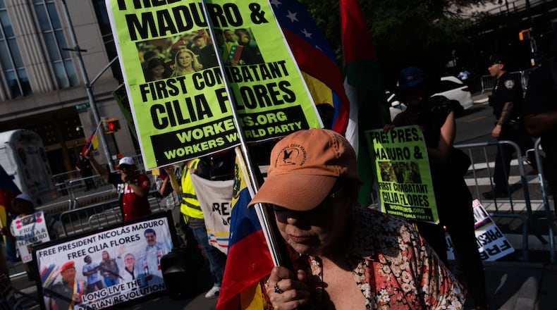 People protest in support of former Venezuela President Nicolas Maduro and his wife Cilia Flores outside of Manhattan federal court, Wednesday, July 22, 2026, in New York.(AP Photo/Adam Gray)