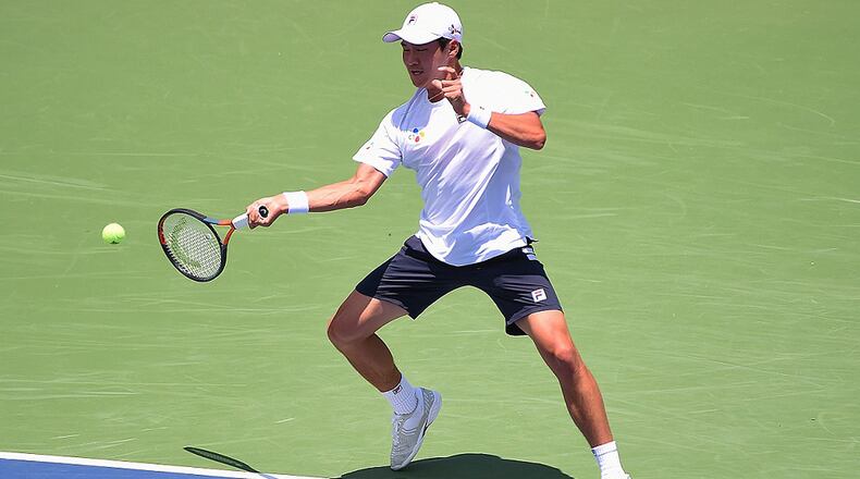 Soonwoo Kwon of South Korea returns a forehand to Cameron Norrie of Great Britain during the BB&T Atlanta Open at Atlantic Station on July 24, 2019. (Photo by Logan Riely/Getty Images)