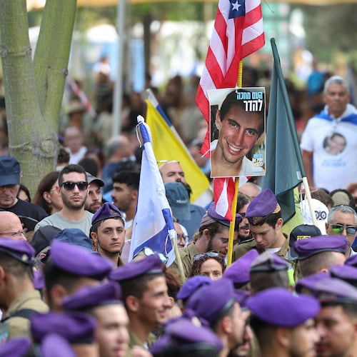 Israeli soldiers attend the funeral of Hadar Goldin, an Israeli soldier killed in Gaza in 2014 and whose body had been held there until it was released Sunday, in Kfar Saba, Israel, Tuesday, Nov. 11, 2025. (Abir Sultan/Pool via AP)