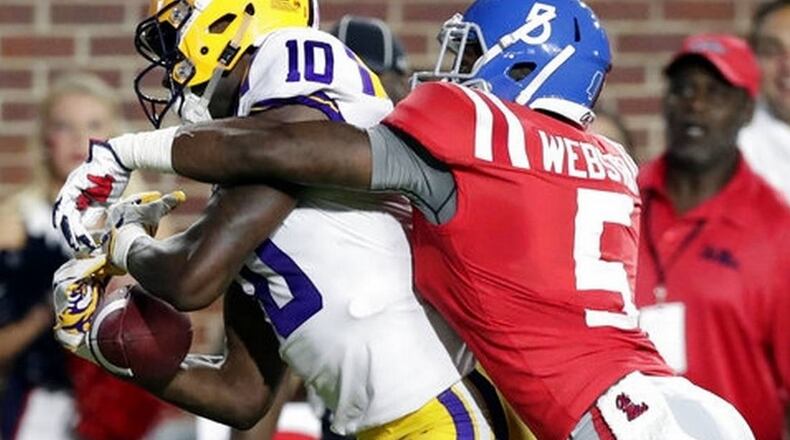 Mississippi defensive back Ken Webster (5) breaks up a pass intended for LSU wide receiver Stephen Sullivan (10) in the first half of an NCAA college football game in Oxford, Miss., Saturday, Oct. 21, 2017. (Associated Press)