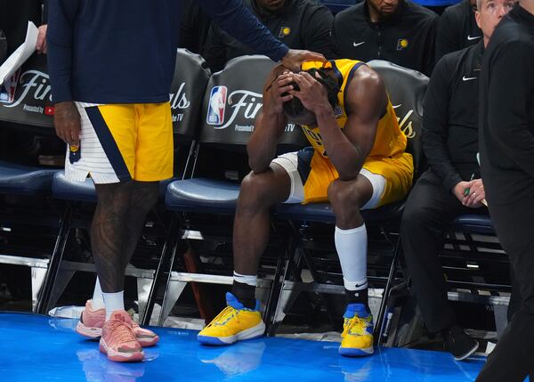 Indiana Pacers forward Aaron Nesmith (23) reacts after losing the NBA basketball championship in Game 7 against the Oklahoma City Thunder Sunday, June 22, 2025, in Oklahoma City. (AP Photo/Nate Billings)