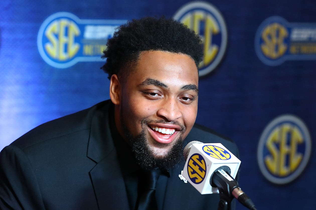 Offensive lineman Layden Robinson, who answered a question during SEC media days on July 21, 2022, in Atlanta, was a three-year starter at Texas A&M. (Curtis Compton/AJC)