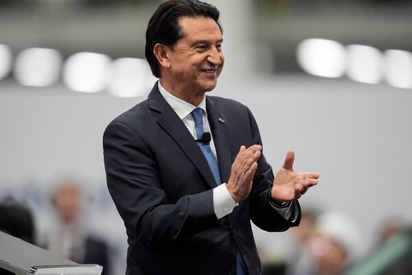 Jose Munoz, president and CEO, Hyundai Motor Company, applauds during a media tour at the Hyundai Motor Group Metaplant America, Wednesday, March 26, 2025, in Ellabell, Ga. (AP Photo/Mike Stewart)