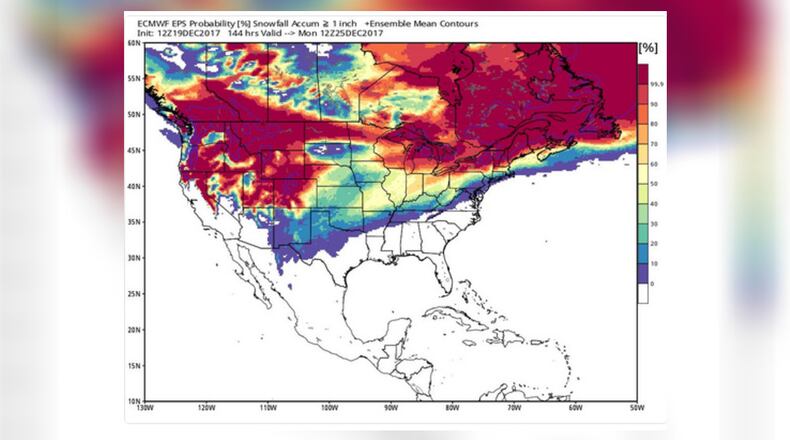 Snow is a possibility on Christmas throughout much of the country, but not in the Southeast.