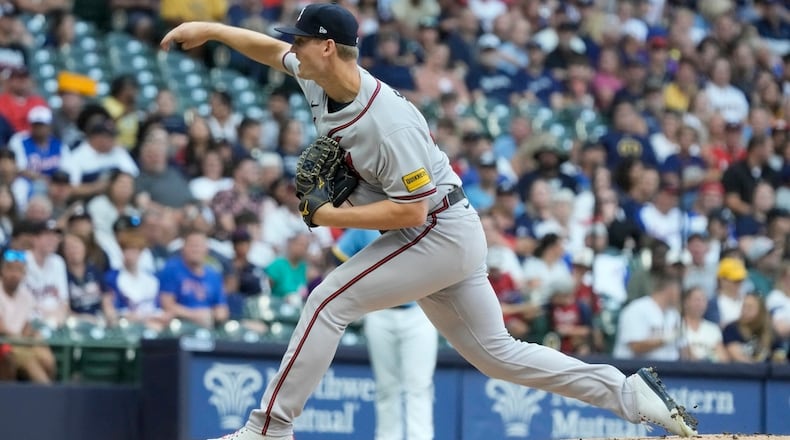 Atlanta Braves starting pitcher Michael Soroka throws during the first inning of a baseball game against the Milwaukee Brewers Friday, July 21, 2023, in Milwaukee. (AP Photo/Morry Gash)