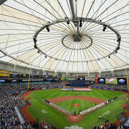 Players from the Chicago Cubs and Tampa Bay Rays are introduced before a baseball game Monday, April 6, 2026, in St. Petersburg, Fla. (AP Photo/Chris O'Meara)