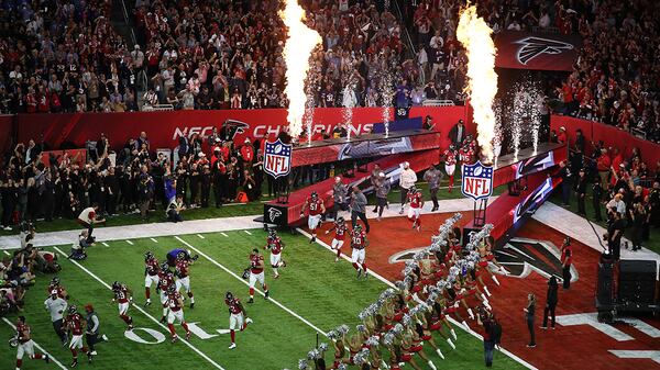 The Atlanta Falcons take the field prior to the Super Bowl against the New England Patriots at NRG Stadium on Feb. 5, 2017 in Houston.