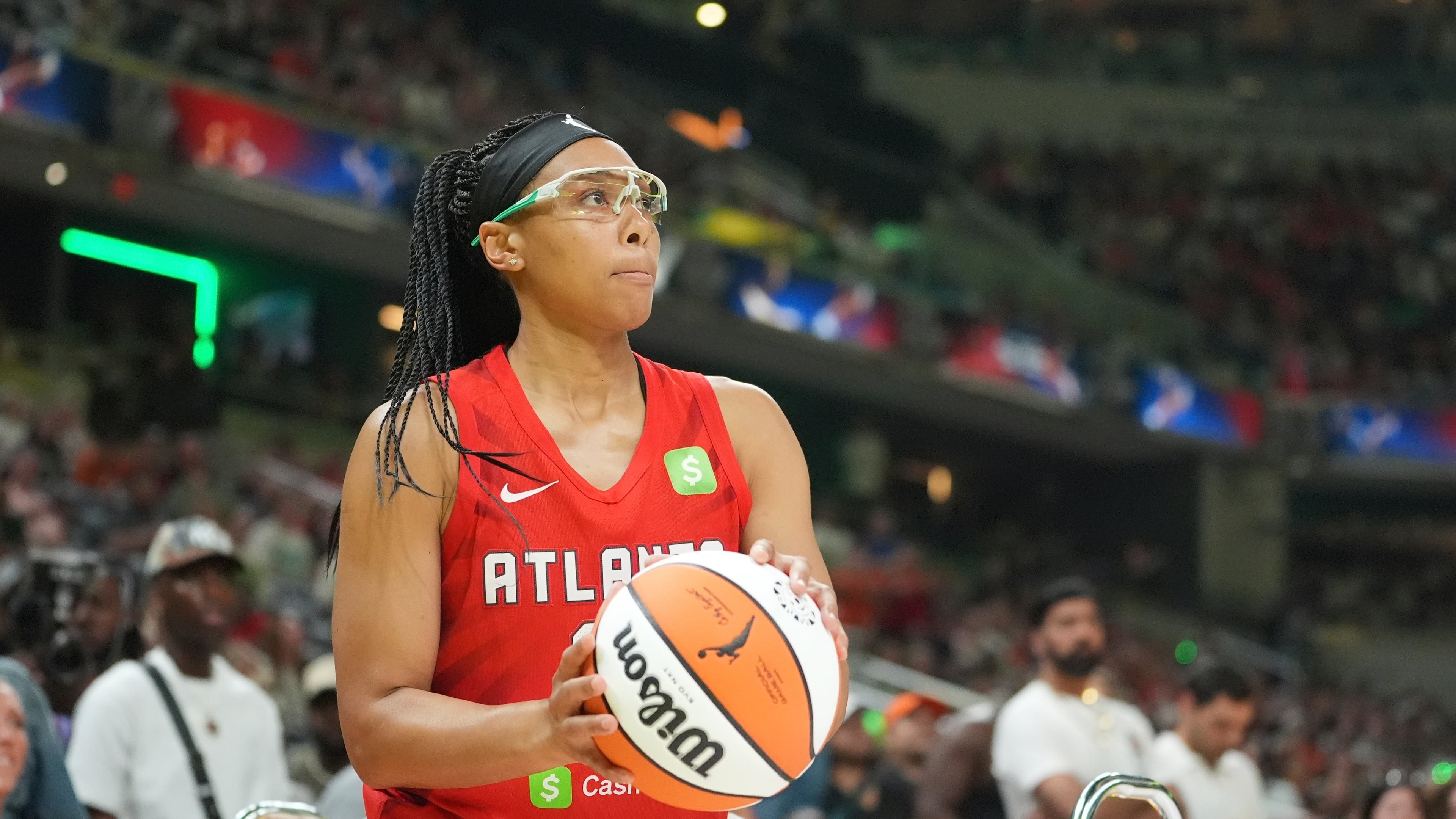 Atlanta Dream's Allisha Gray shoots during the 3-point contest at the WNBA All-Star basketball weekend, Friday, July 18, 2025, in Indianapolis. (Michael Conroy/AP)