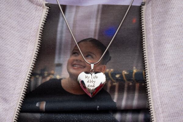 A close-up of the shirt Bryan Hernandez wore during a protest outside the Gwinnett Justice and Administration Center. His daughter Abigail died after being hit by a car in the Mall of Georgia parking lot.