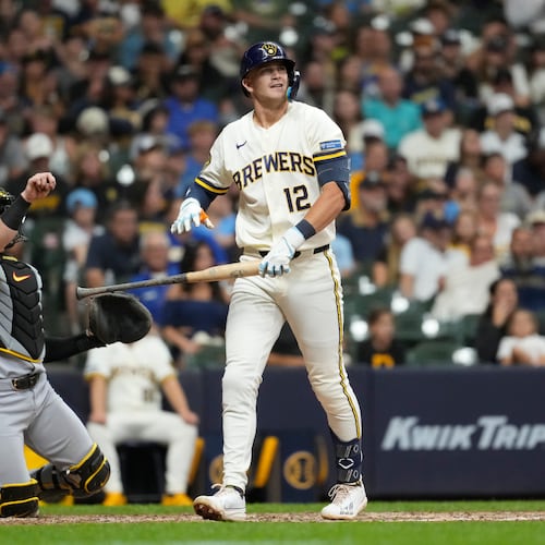 Milwaukee Brewers' Cooper Pratt (12) reacts after striking out during the ninth inning of a baseball game against the Pittsburgh Pirates, Monday, Aug. 3, 2026, in Milwaukee. (AP Photo/Aaron Gash)