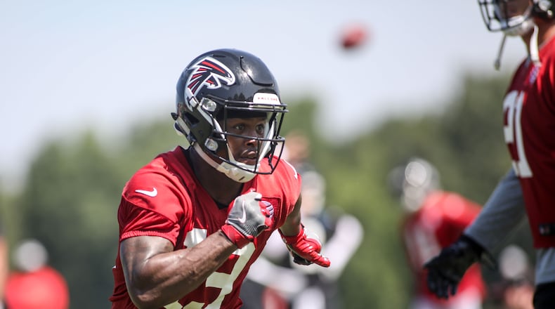 Wide receiver Reggie Davis (13) runs during training camp, Saturday, July 28, 2018, in Flowery Branch, Ga. He was cut by the Falcons on Saturday. BRANDEN CAMP/SPECIAL