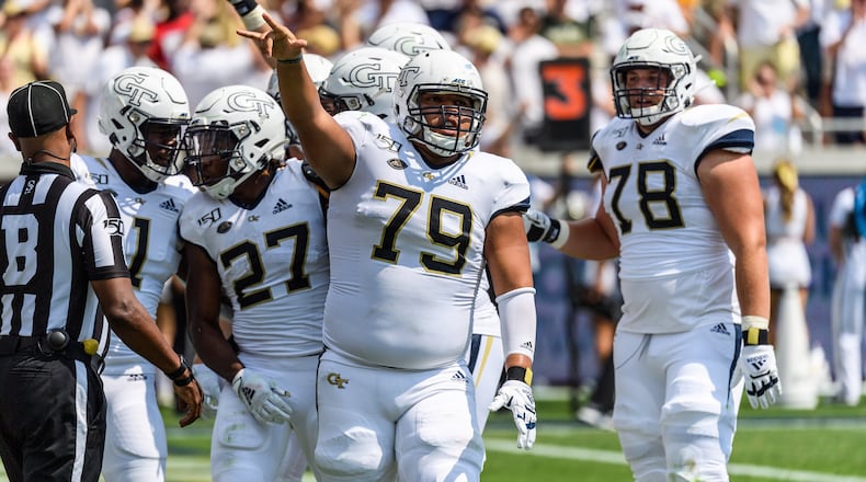 Georgia Tech center William Lay celebrates during the Yellow Jackets' 14-10 win over South Florida September 7, 2019 at Bobby Dodd Stadium. (Danny Karnik/Georgia Tech Athletics)