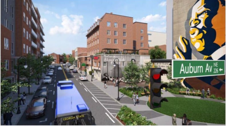 A rendering of the planned Good Trouble John Lewis Park, which would be at the base of the current John Lewis HERO Mural on Auburn Avenue in Atlanta, Georgia.