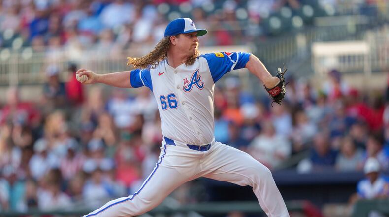 Atlanta Braves pitcher Grant Holmes throws in the first inning of a baseball game against the Miami Marlins, Saturday, Aug. 3, 2024, in Atlanta. (AP Photo/Jason Allen)