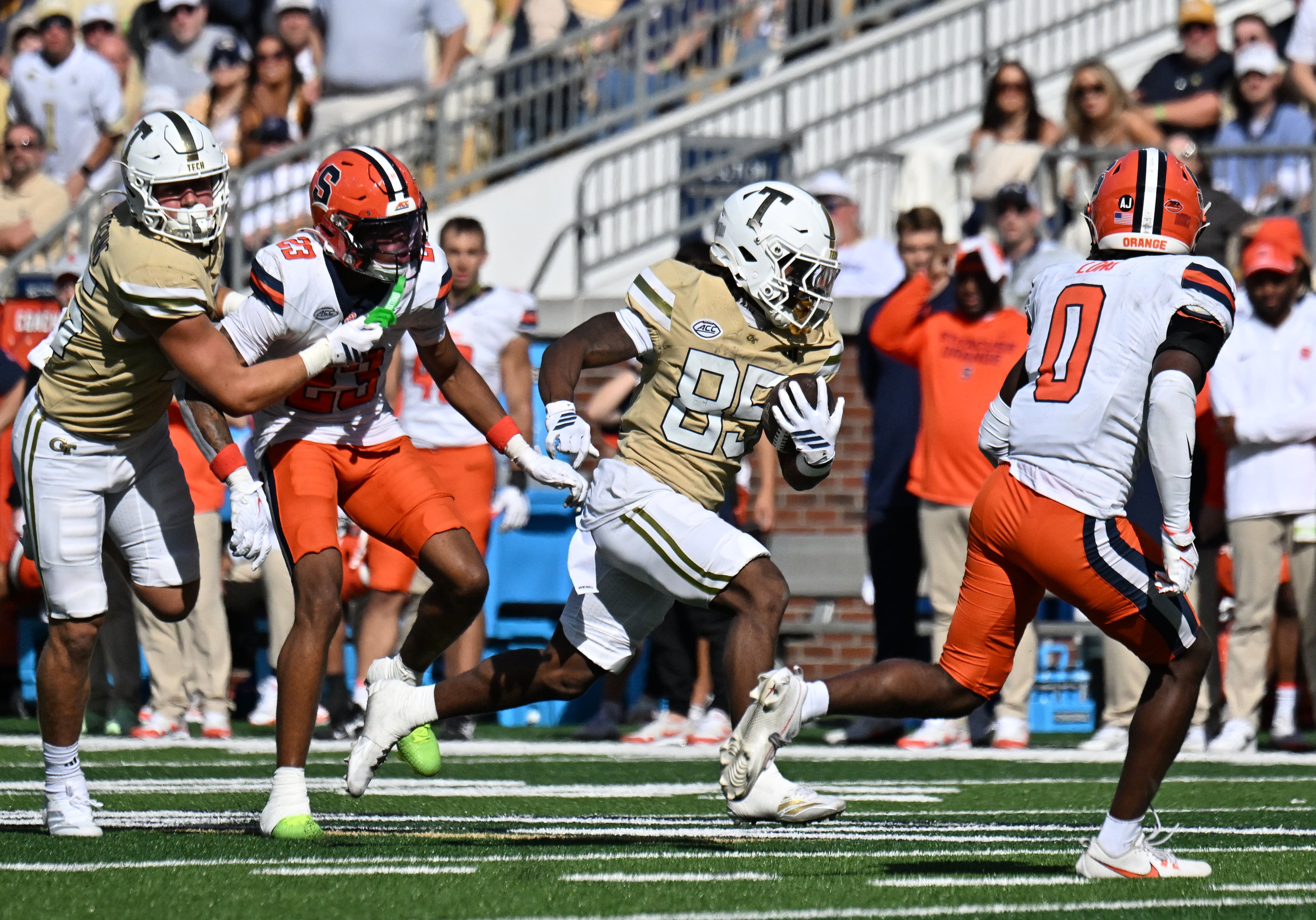 Georgia Tech wide receiver Jordan Allen (second from right) runs after a catch during the second half in an NCAA college football game at Bobby Dodd Stadium, Saturday, Oct. 25, 2025 in Atlanta. Georgia Tech won 41-16 over Syracuse. The Yellow Jackets are 8-0 for the first time since 1966 and 5-0 in the ACC for the first time ever. (Hyosub Shin/AJC)