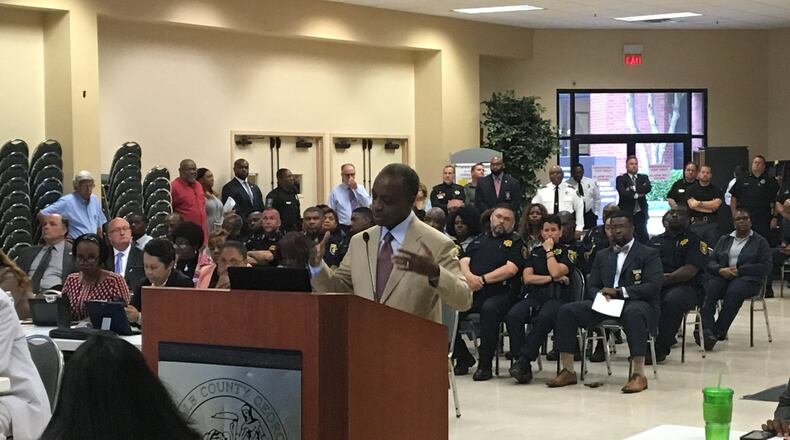 DeKalb County CEO Mike Thurmond outlined his spending priorities for the rest of 2017 during a presentation to the DeKalb Commission on Tuesday. About 50 public safety officers attended to hear Thurmond’s proposals for pay raises. MARK NIESSE / MARK.NIESSE@AJC.COM