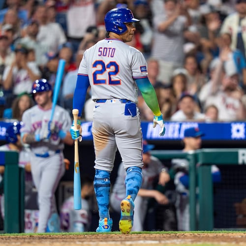 New York Mets' Juan Soto looks back after striking out during the eighth inning of a baseball game against the Philadelphia Phillies, Sunday, June 21, 2026, in Philadelphia. (AP Photo/Chris Szagola)