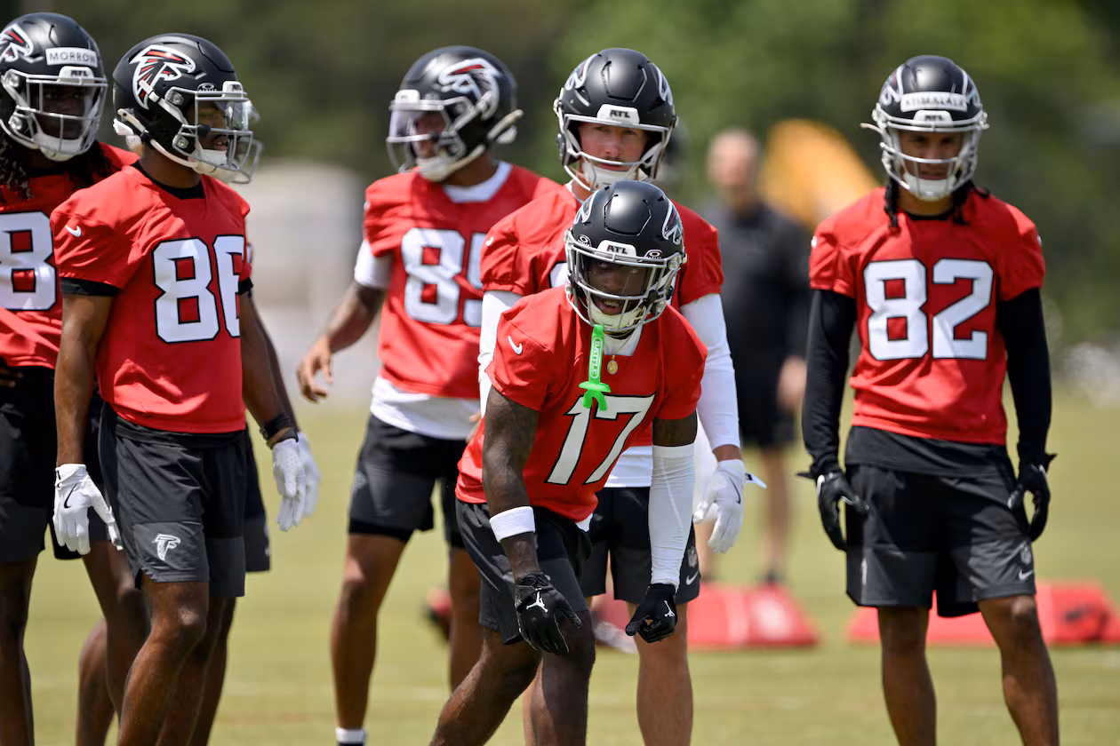 Atlanta Falcons rookie wide receiver Zachariah Branch (center) runs a drill during the Falcons’ rookie minicamp at the team’s training facility on Friday, May 8, 2026, in Flowery Branch. (Hyosub Shin/AJC)