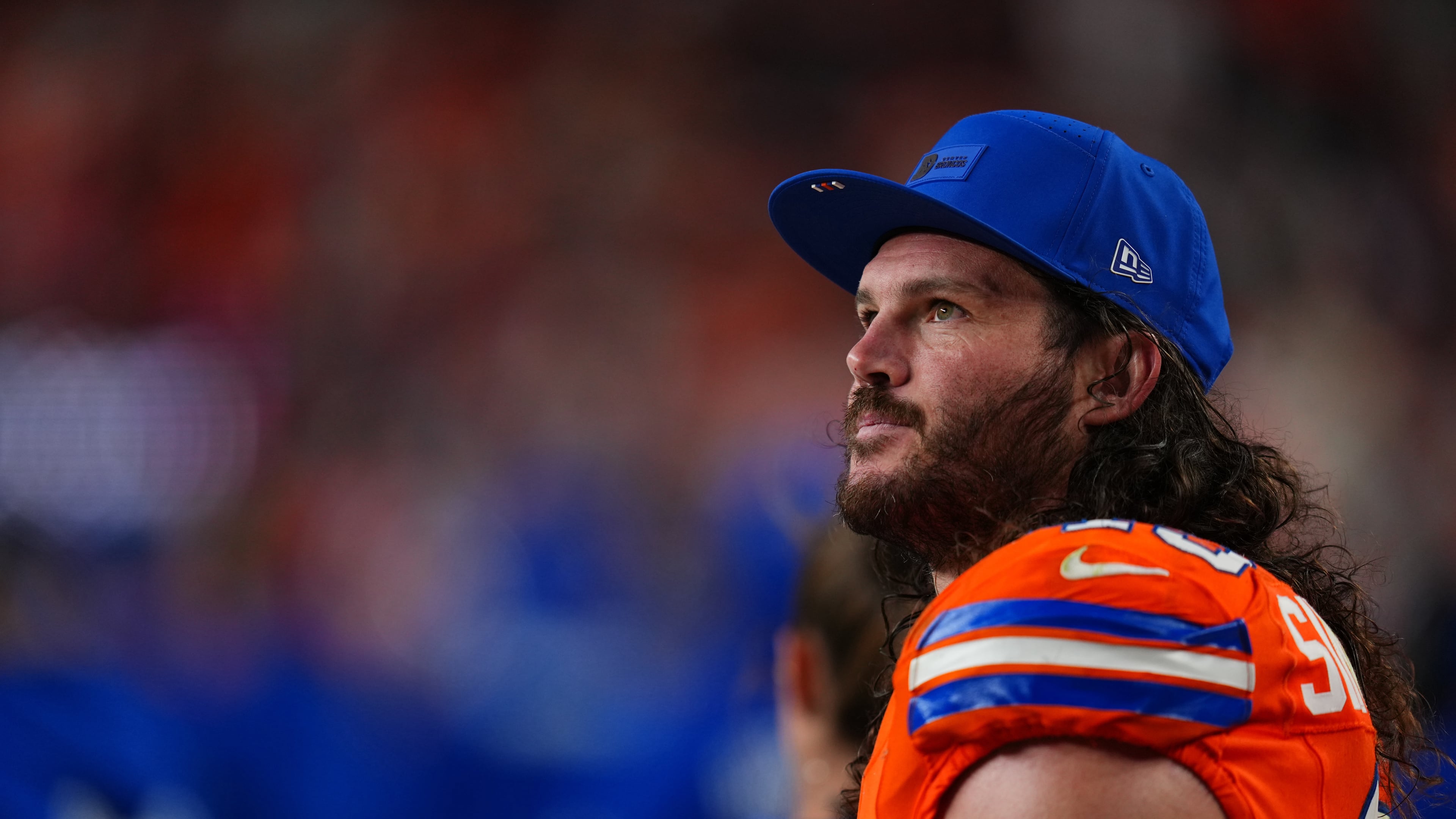 FILE - Denver Broncos inside linebacker Alex Singleton watches from the sidelines during the second half of an NFL football game against the Las Vegas Raiders Thursday, Nov. 6, 2025, in Denver. (AP Photo/Jack Dempsey, File)