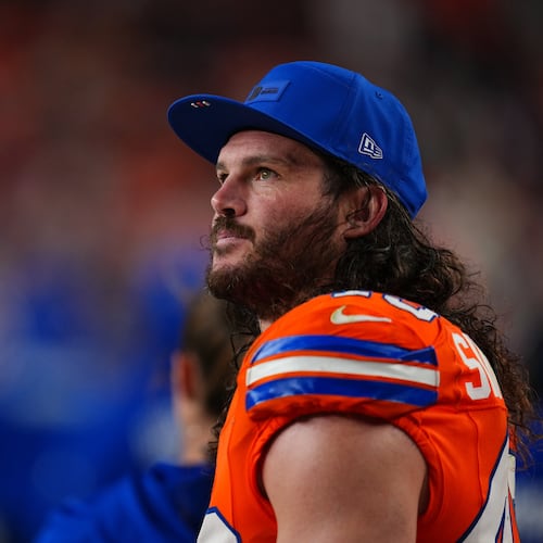 FILE - Denver Broncos inside linebacker Alex Singleton watches from the sidelines during the second half of an NFL football game against the Las Vegas Raiders Thursday, Nov. 6, 2025, in Denver. (AP Photo/Jack Dempsey, File)