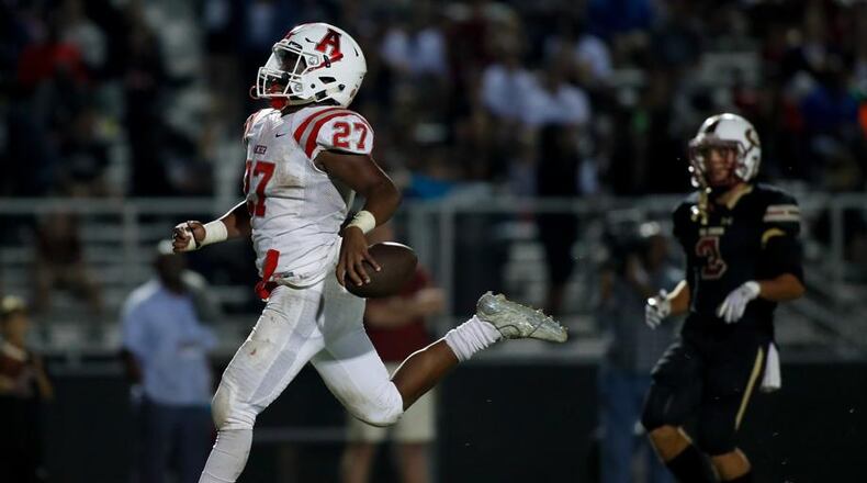Archer's Keegan Strickland (27) runs into the end zone for a touchdown during a GHSA high school football game between Mill Creek and Archer on Friday, Sept. 8, 2017, in Hoschton, Ga. (AJ Reynolds/Special)