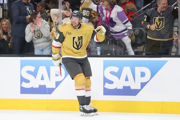 Vegas Golden Knights center Tomas Hertl (48) celebrates after scoring a goal during the first period in Game 1 of an NHL hockey Stanley Cup first-round playoff series against the Minnesota Wild Sunday, April 20, 2025, in Las Vegas. (AP Photo/Ian Maule)