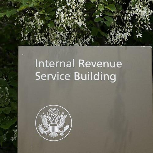 FILE - A sign for the Internal Revenue Service building is pictured in Washington, May 4, 2021. (AP Photo/Patrick Semansky, File)