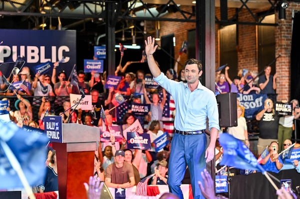 U.S. Sen. Jon Ossoff waved to supporters during his "Rally For Our Republic" in Savannah on Saturday.